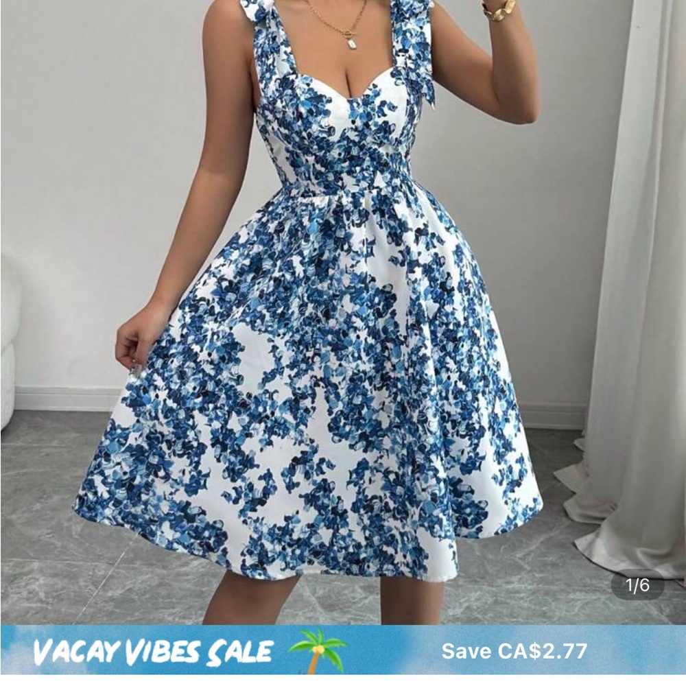 SHEIN Blue and White Tied at the shoulder Sundress